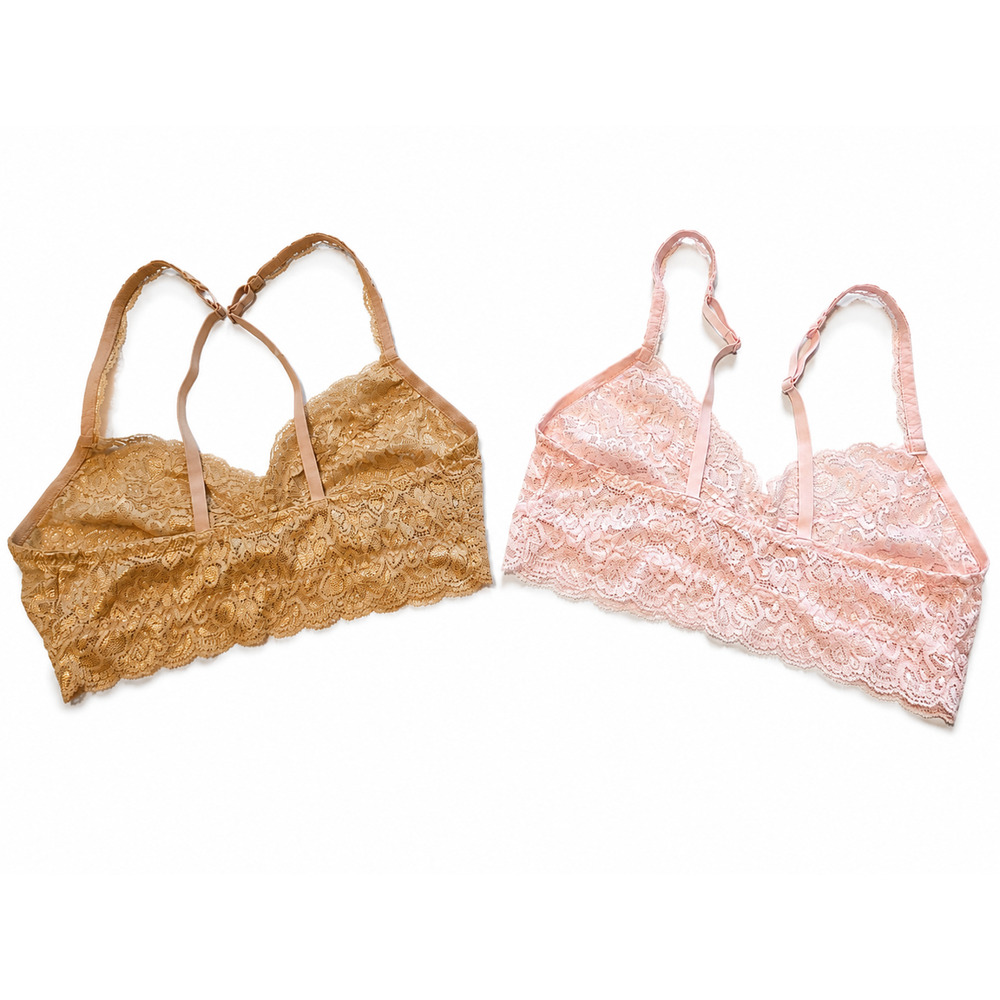 Quince Lace Bralette Womens Medium Pink Brown 2 Pack Scalloped Semi Sheer NWOT - Picture 2 of 9